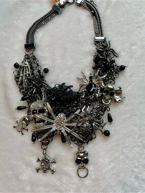 Natasha Black and Silver Gothic Charm Skull Spider Statement Necklace